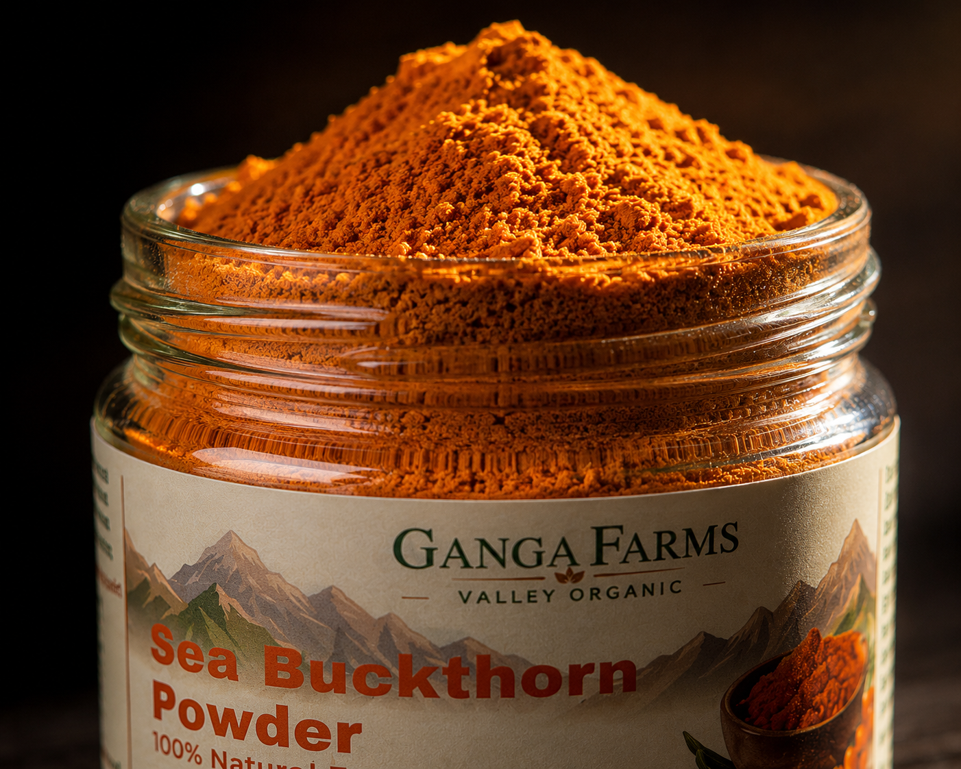 Ganga Farms Sea Buckthorn Powder jar on a natural background — FSSAI certified organic