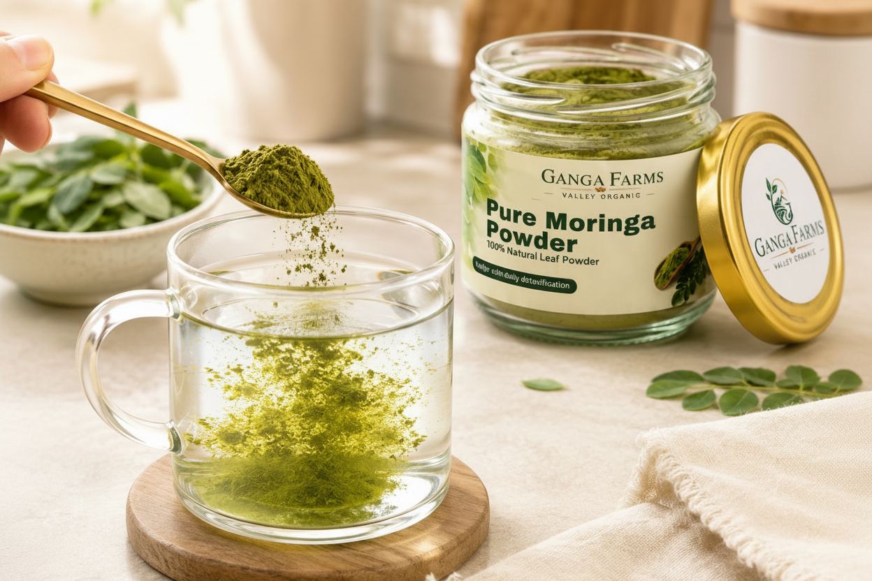Ganga Farms Pure Moringa Powder being added to a glass of water with ingredients in the background.