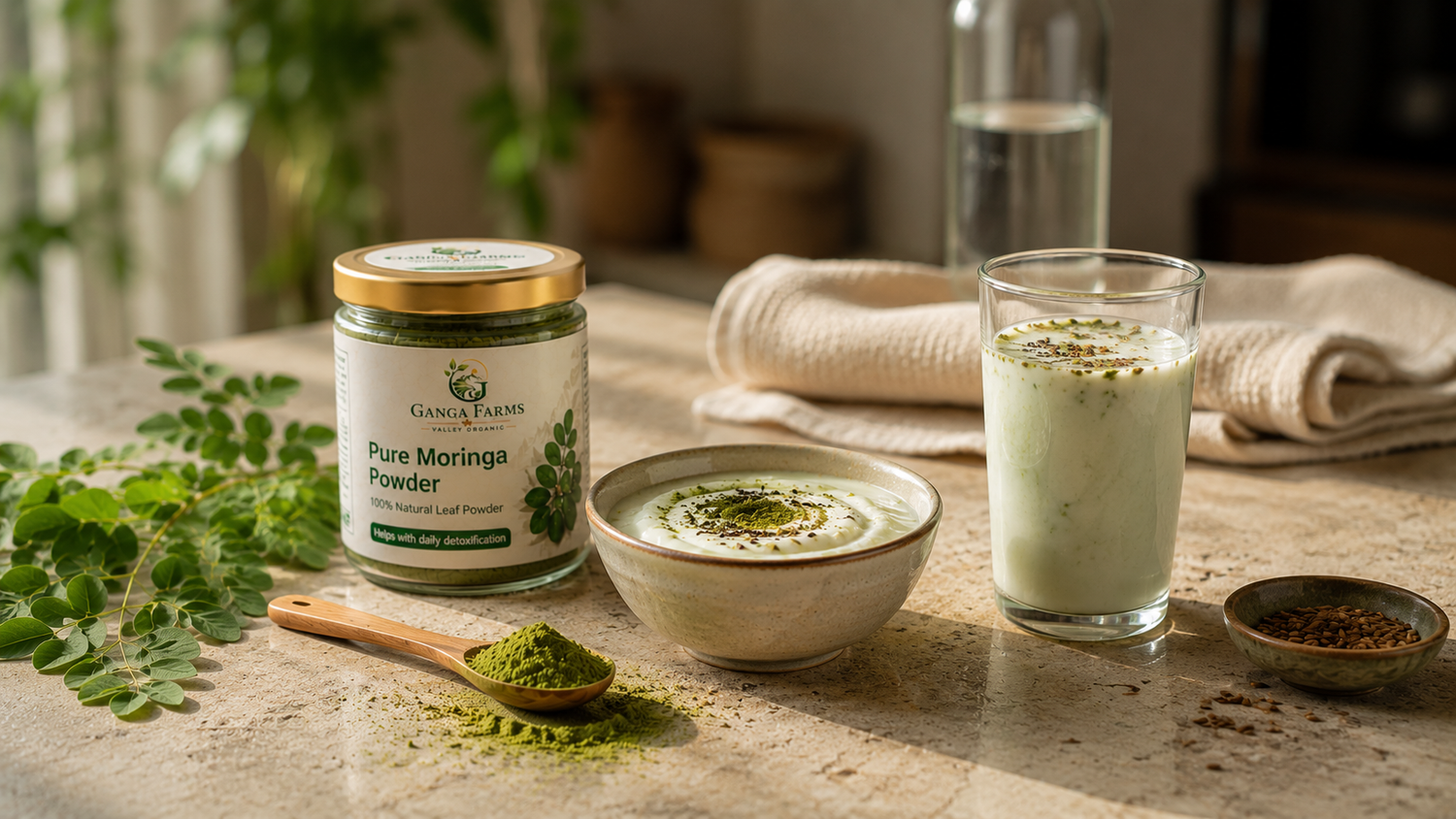 Ganga Farms moringa powder with curd and chaas for a healthy Indian weight management routine