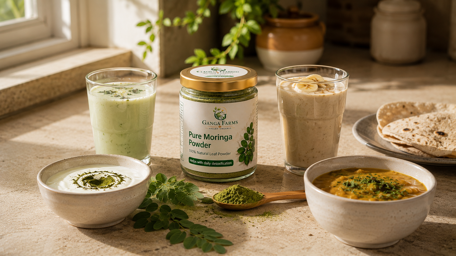 Ganga Farms moringa powder with chaas, curd, smoothie and dal for easy daily use
