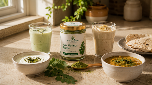 Ganga Farms moringa powder with chaas, curd, smoothie and dal for easy daily use