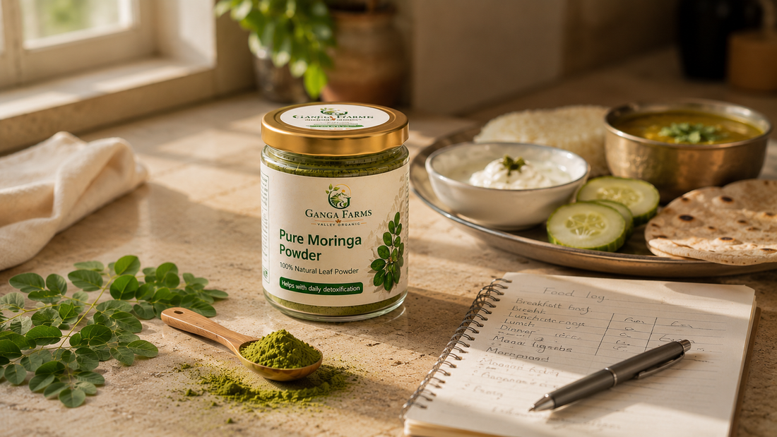 Ganga Farms moringa powder with a balanced Indian breakfast for an evidence-based blood sugar nutrition guide