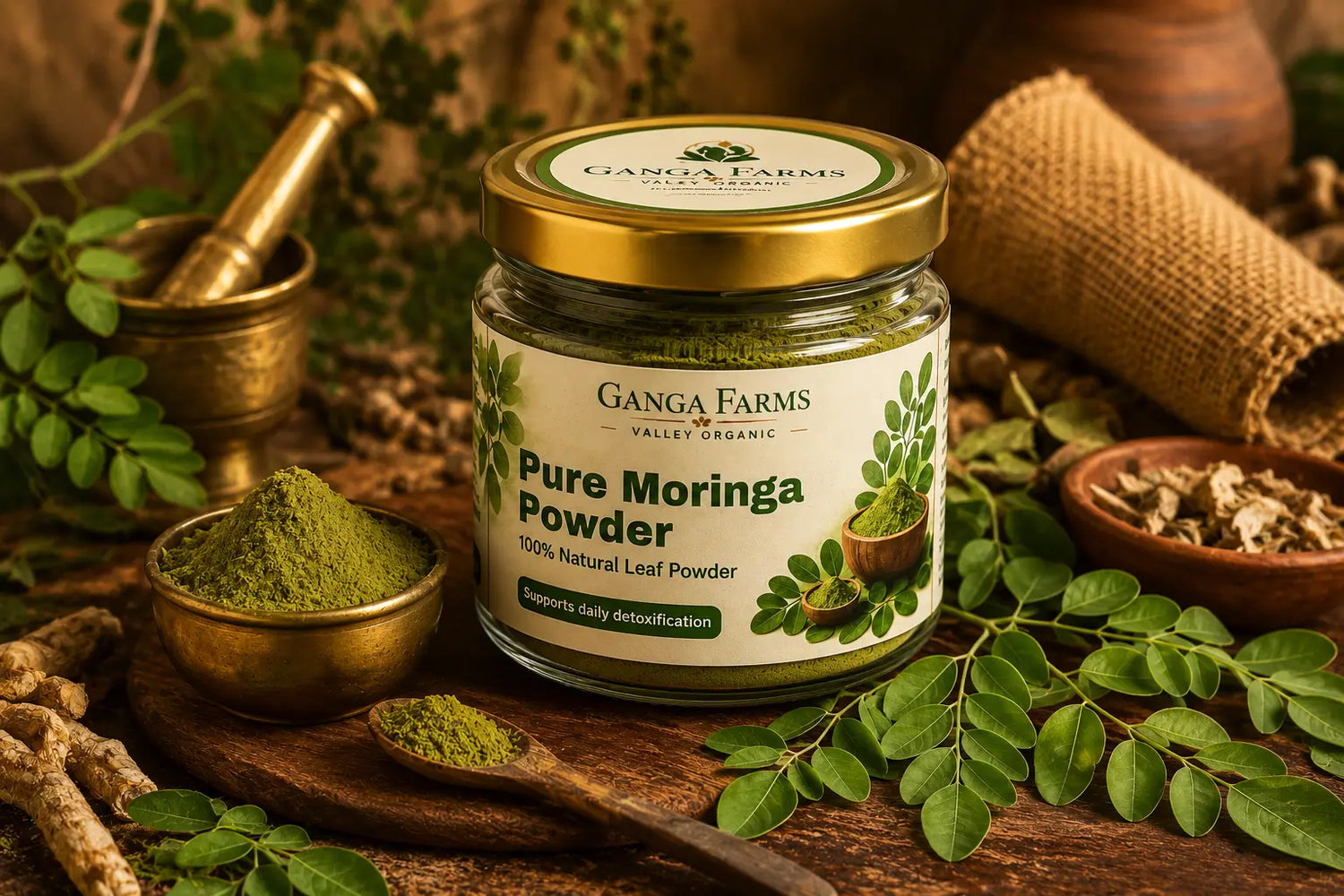 Ganga Farms moringa powder jar in an earthy Ayurvedic setting with fresh moringa leaves and natural herbs for hair growth