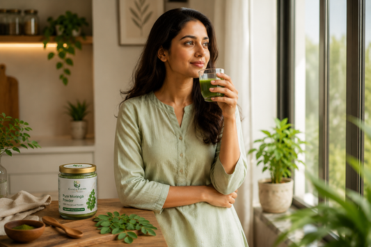 Urban Indian professional woman taking moringa powder as part of her morning wellness routine — natural hormonal balance