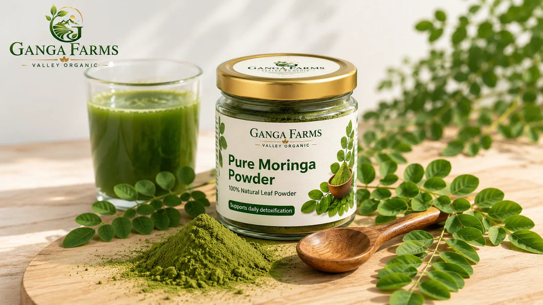 Ganga Farms Pure Moringa Powder jar with fresh moringa leaves and green powder on a wooden surface