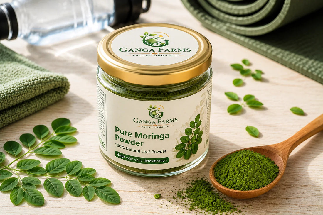 Ganga Farms moringa powder in a wooden spoon with fresh moringa leaves, natural energy and immunity superfood