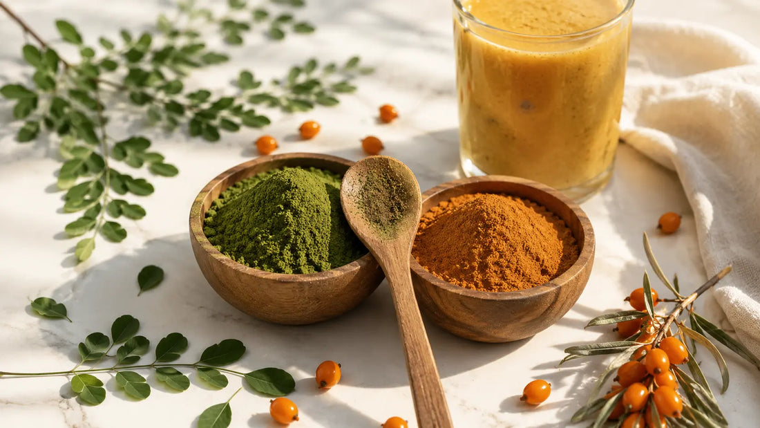 Moringa powder and sea buckthorn powder in wooden bowls — Ganga Farms Valley Organic superfoods