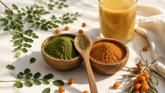 Moringa powder and sea buckthorn powder in wooden bowls — Ganga Farms Valley Organic superfoods