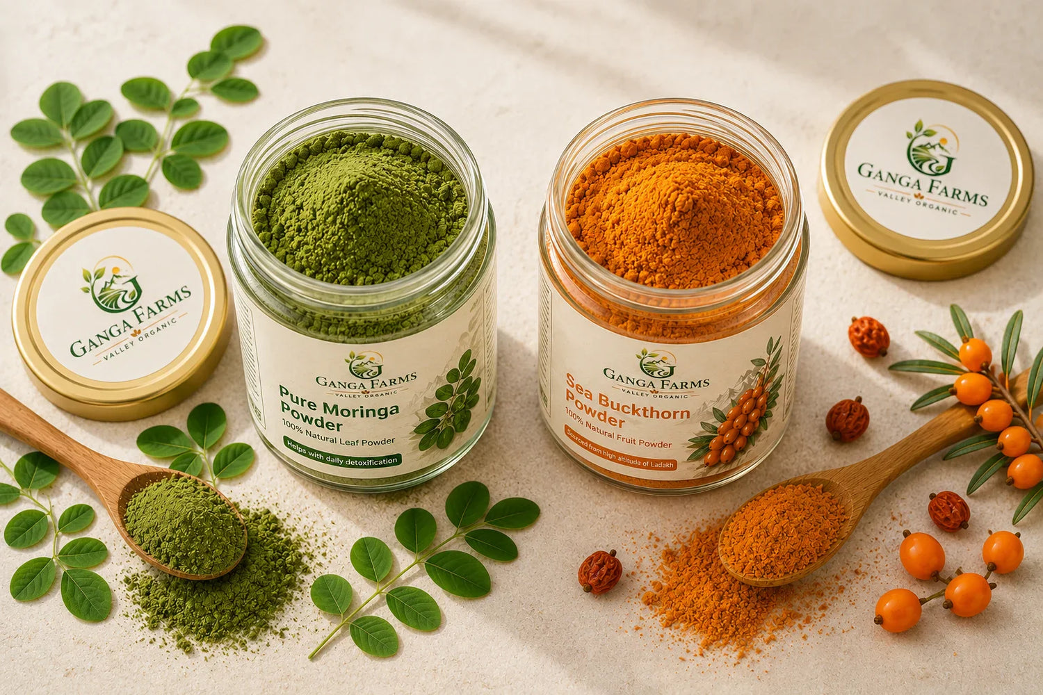 Moringa powder and Ganga Farms Sea Buckthorn Powder side by side, showing green moringa and golden-orange sea buckthorn powder with fresh leaves and berries