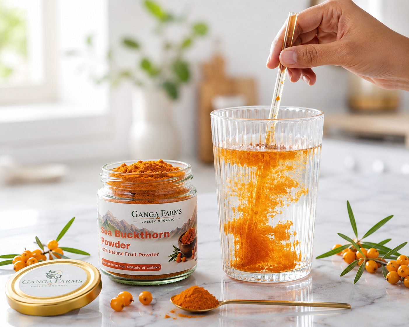 Close-up of Ganga Farms Sea Buckthorn Powder — golden orange superfruit powder with label
