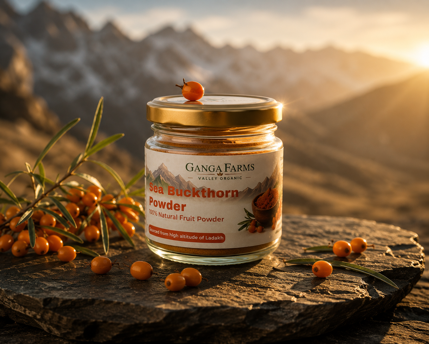 Ganga Farms Sea Buckthorn Powder in a glass jar — wild-harvested from Ladakh, Himalayas