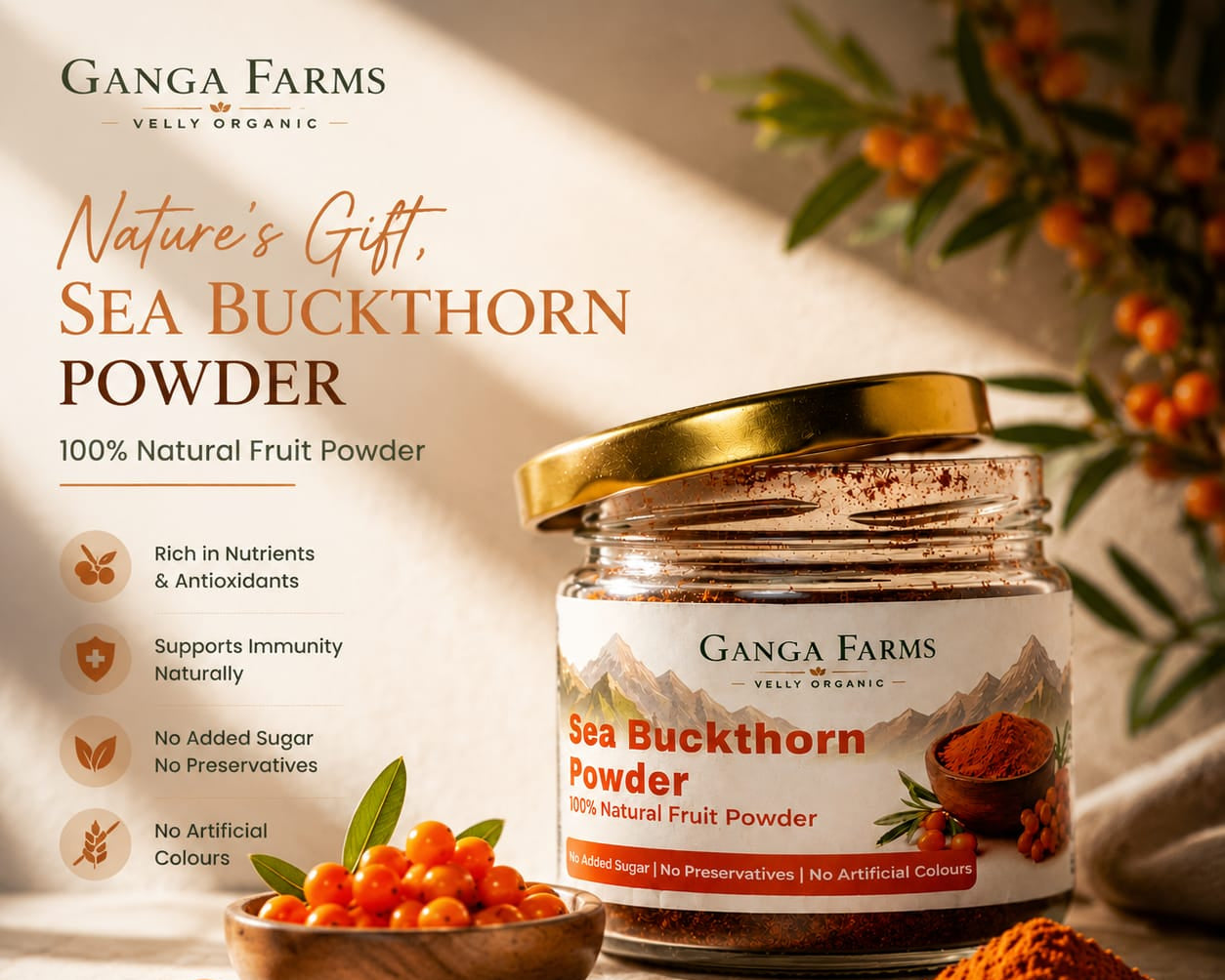 Ganga Farms Sea Buckthorn Powder jar with sea buckthorn berries and powder on a light background