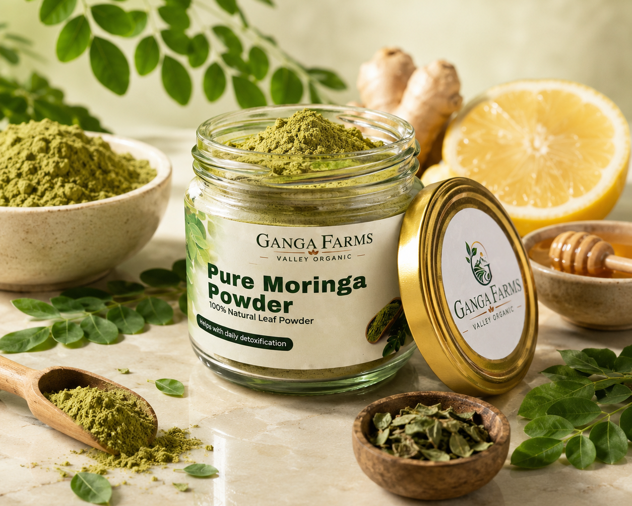 Ganga Farms Pure Moringa Powder jar with ingredients on a light background