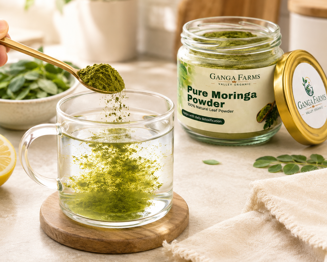 Ganga Farms Pure Moringa Powder being added to a glass of water with ingredients in the background.