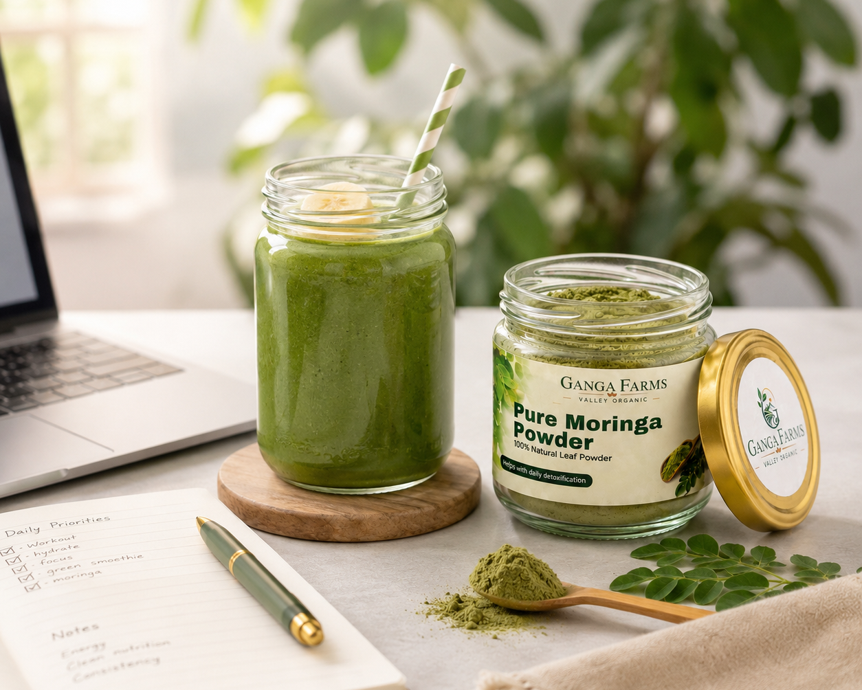 Jars of Ganga Farms Pure Moringa Powder and a green smoothie on a table with a laptop and notebook.
