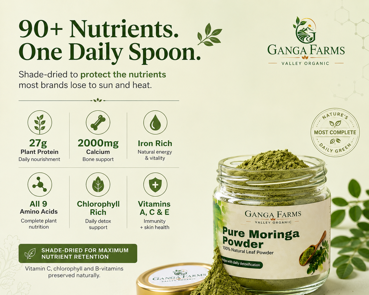 Ganga Farms Pure Moringa Powder jar with product details on a light green background