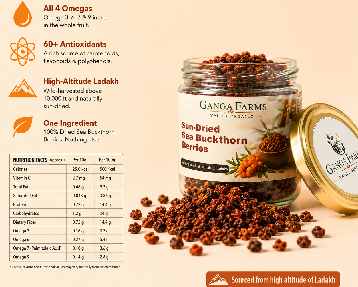 Ganga Farms Sun-Dried Sea Buckthorn Berries The Whole Wild Superfruit from Ladakh