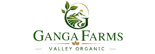 Ganga Farms logo with green text and leaf design on a white background