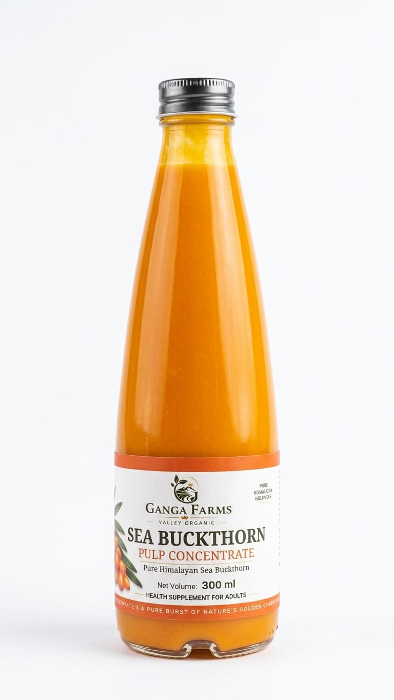 Ganga Farms Sea Buckthorn Juice 300ml bottle of 90% Ladakh sea buckthorn pulp